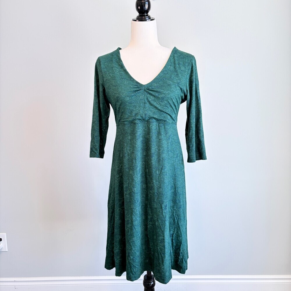 TOAD & CO Rosalinda Dress Knee Length V Neck 3/4 Sleeve Normcore Green Size M